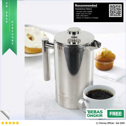 One Two Cups French Press Coffee Maker Pot Stainless Steel FP1L