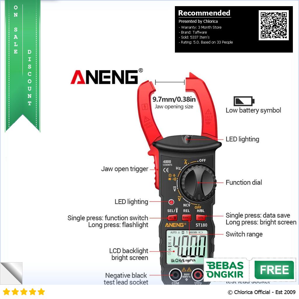 Taffware ANENG Digital Clamp Meter Voltage Tester NCV 4000 Digit ST180