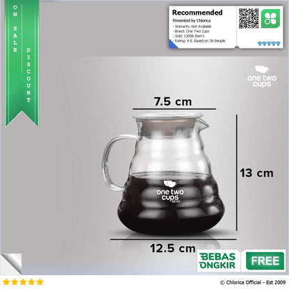 One Two Cups Coffee Server V60 Drip Pour Over Borosilicate Glass SE101