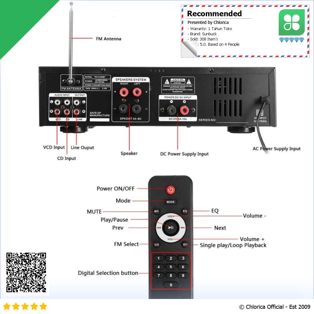 Sunbuck Bluetooth EQ Audio Amplifier Home Theater FM 2000W TAV 6188BT