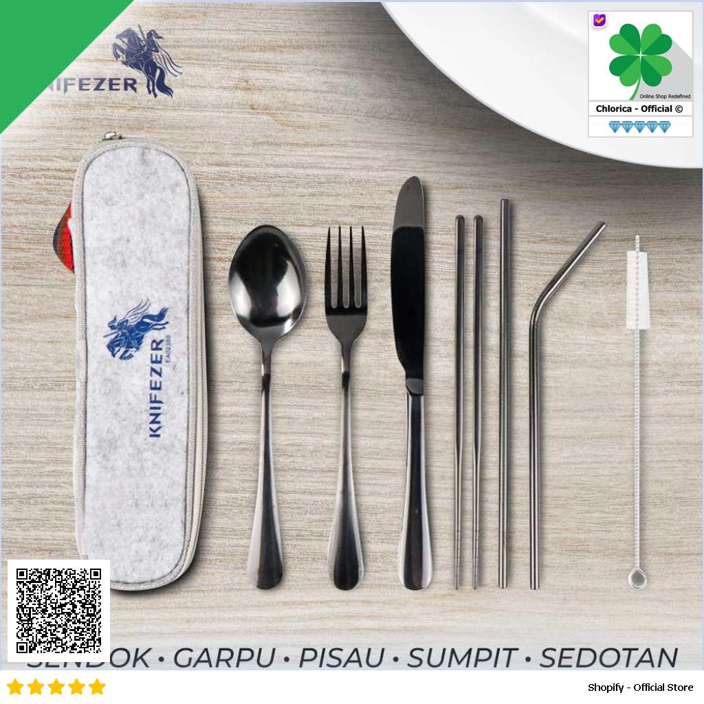 KNIFEZER Set Alat Makan Sendok Garpu Pisau Sumpit Sedotan dengan Pouch EA02300