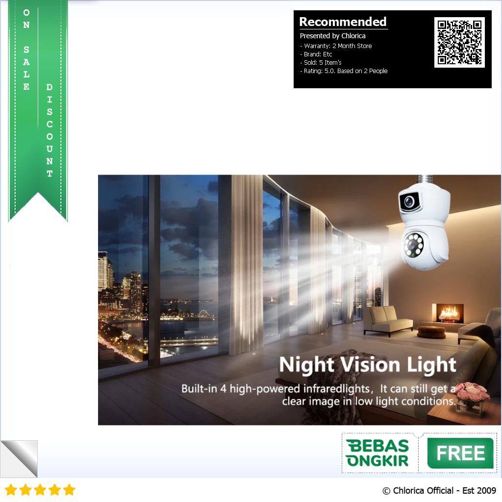 V380 Pro Kamera CCTV Bohlam Dual Lens WiFi IP Camera E27 1080P E9