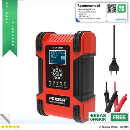 FOXSUR Charger Aki Kendaraan 150W 12 24V 12A 200Ah with LCD FBC122412D