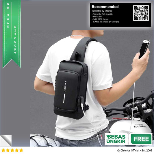 ROWE Tas Selempang Fashion Sling Bag Pria with USB Slot and Lock RE880