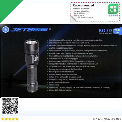 JETBeam Senter LED EDC Flashlight Luminus SST 70 2400 Lumens KO 03