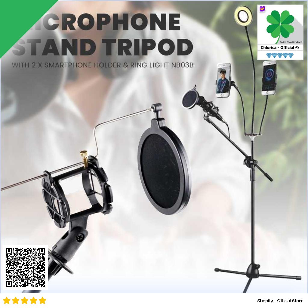 Microphone Stand Tripod with 2 x Smartphone Holder & Ring Light NB 03B