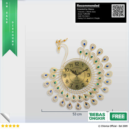 TaffHOME Jam Dinding Quartz Clock Diamond Peacock 53cm H19