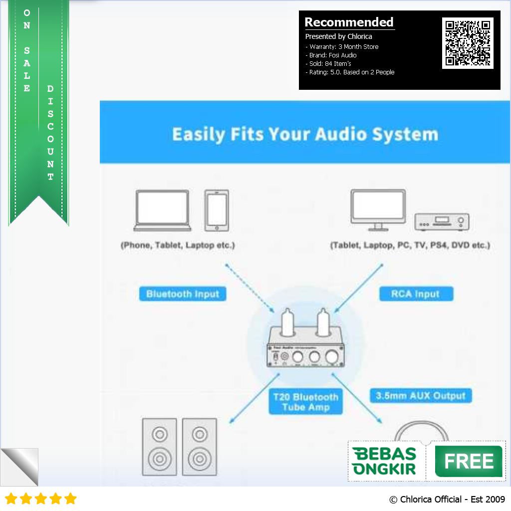 Fosi Audio Amplifier Bluetooth Tube Stereo 2x50W Bluetooth 5.0 T20