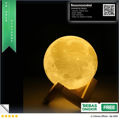 TaffLED Lampu Tidur Bulan 3D Moon Night Light Lamp Rechargeable 3DPML