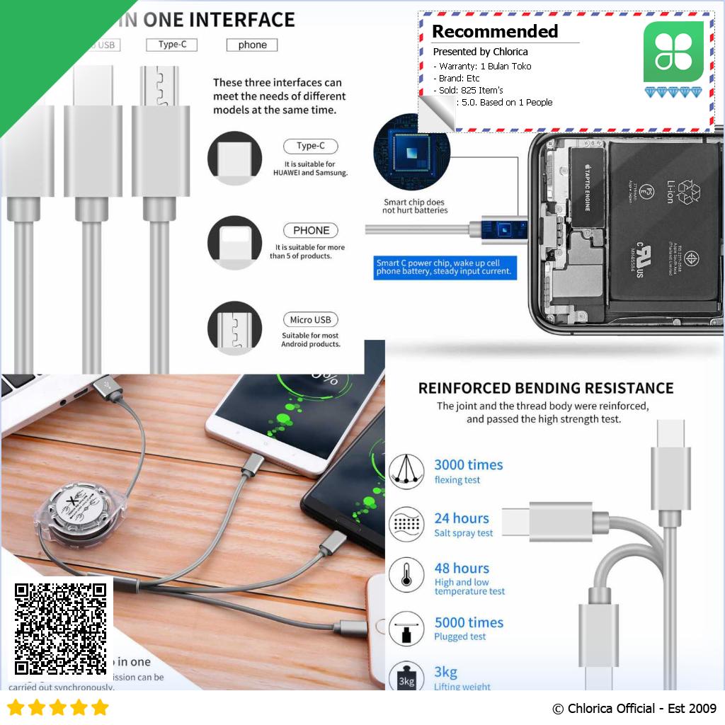 EXMI Kabel Charger 3 in 1 Retractable USB Type C Micro USB Lightning XY D014