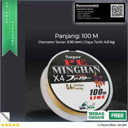 TaffSPORT MINGHAN Senar Benang Tali Pancing Super PE Braided Line 100M X4