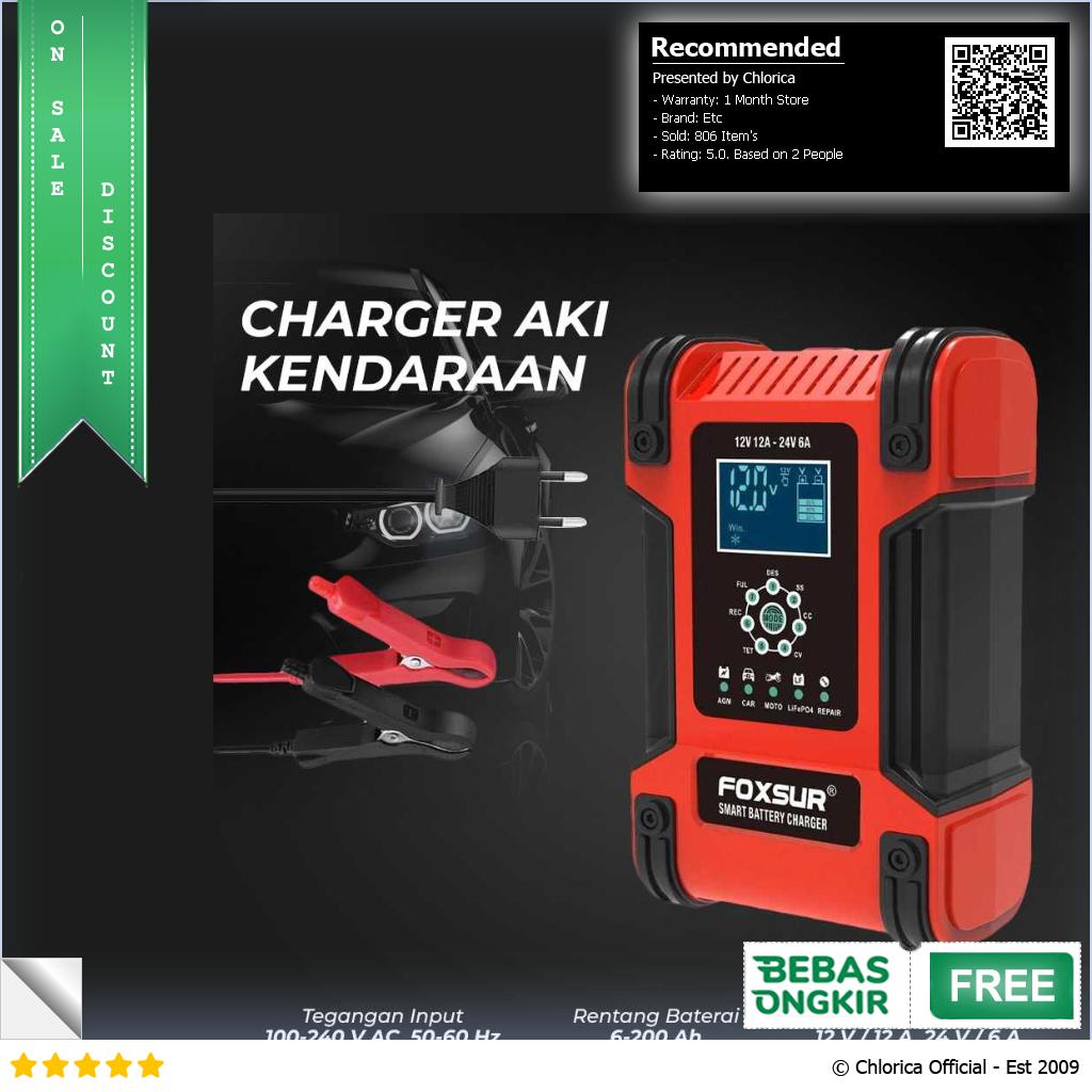 FOXSUR Charger Aki Kendaraan 150W 12 24V 12A 200Ah with LCD FBC122412D