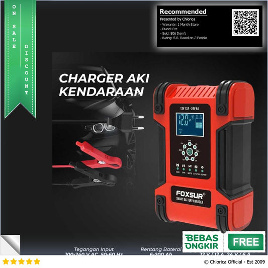 FOXSUR Charger Aki Kendaraan 150W 12 24V 12A 200Ah with LCD FBC122412D