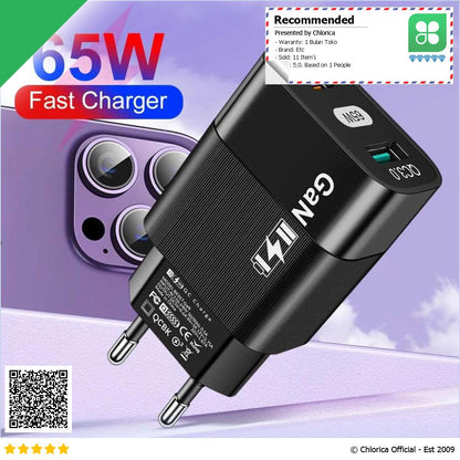 VAORLO Adaptor Kepala Charger Dual Port GaN Fast Charging QC3.0 PD 65W BK397 GaN