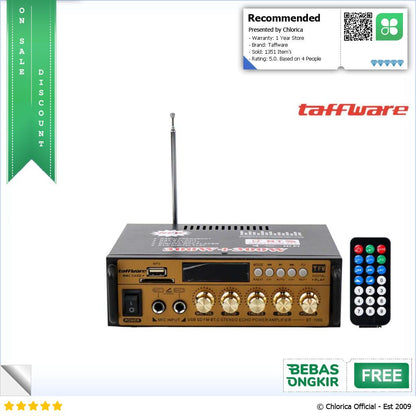 Taffware Audio Bluetooth Amplifier HiFi 300Wx2 Remote Control BT 198E