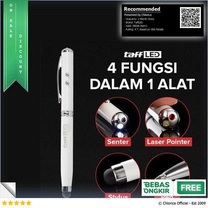 TaffLED Pulpen 4 in 1 Senter Laser Pointer Pen dan Stylus Tinta Hitam T0054