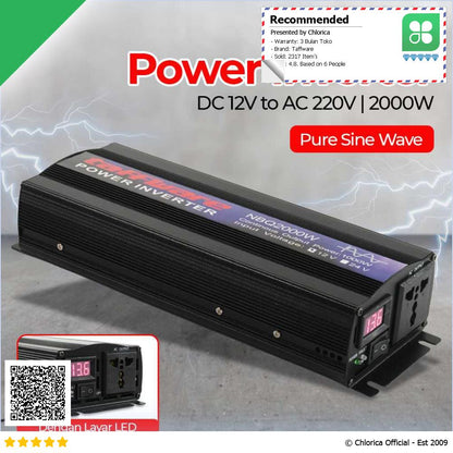 Taffware Power Inverter Mobil Pure Sine Wave DC 12V to AC 220V 2000W NBQ2000W