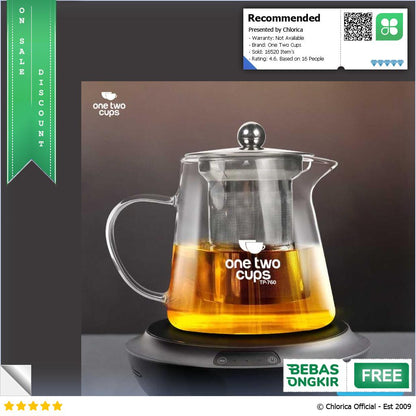 One Two Cups Teko Teh Kaca Tahan Panas dengan Saringan Glass Teapot TP 760 761