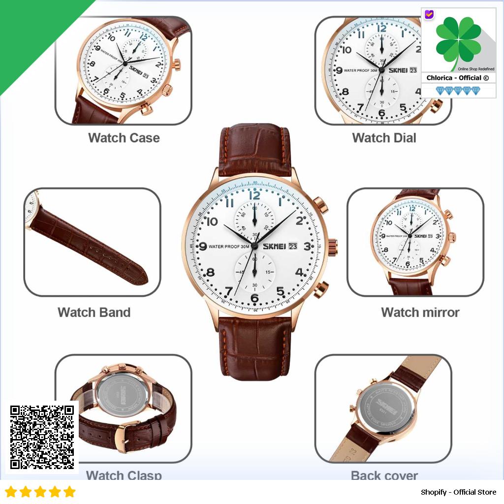 SKMEI Jam Tangan Pria Analog Stopwatch Leather Strap Waterproof 30M 9301