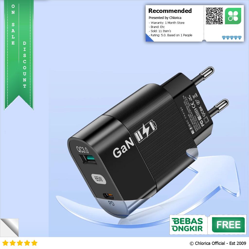 VAORLO Adaptor Kepala Charger Dual Port GaN Fast Charging QC3.0 PD 65W BK397 GaN