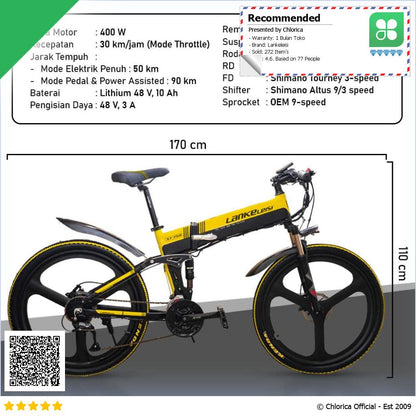 Lankeleisi Sepeda Listrik Lipat Folding Bike Sports Version 48V 10Ah XT750