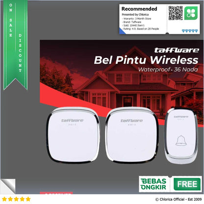 Taffware Bel Pintu Rumah Wireless Doorbells Waterproof 36 Nada A101