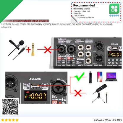 LOMEHO Mixer Audio Professional DSP 99 Effects Bluetooth USB 6 Channel AM AX6