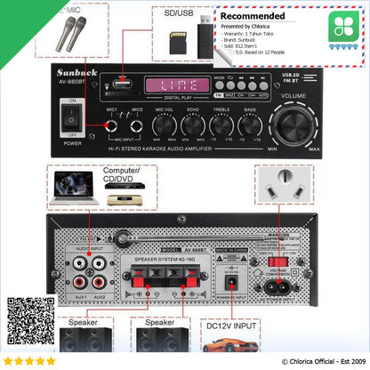 Sunbuck Audio Bluetooth 5.0 DAC Amplifier 2 Ch Remote 2000W AV 660BT