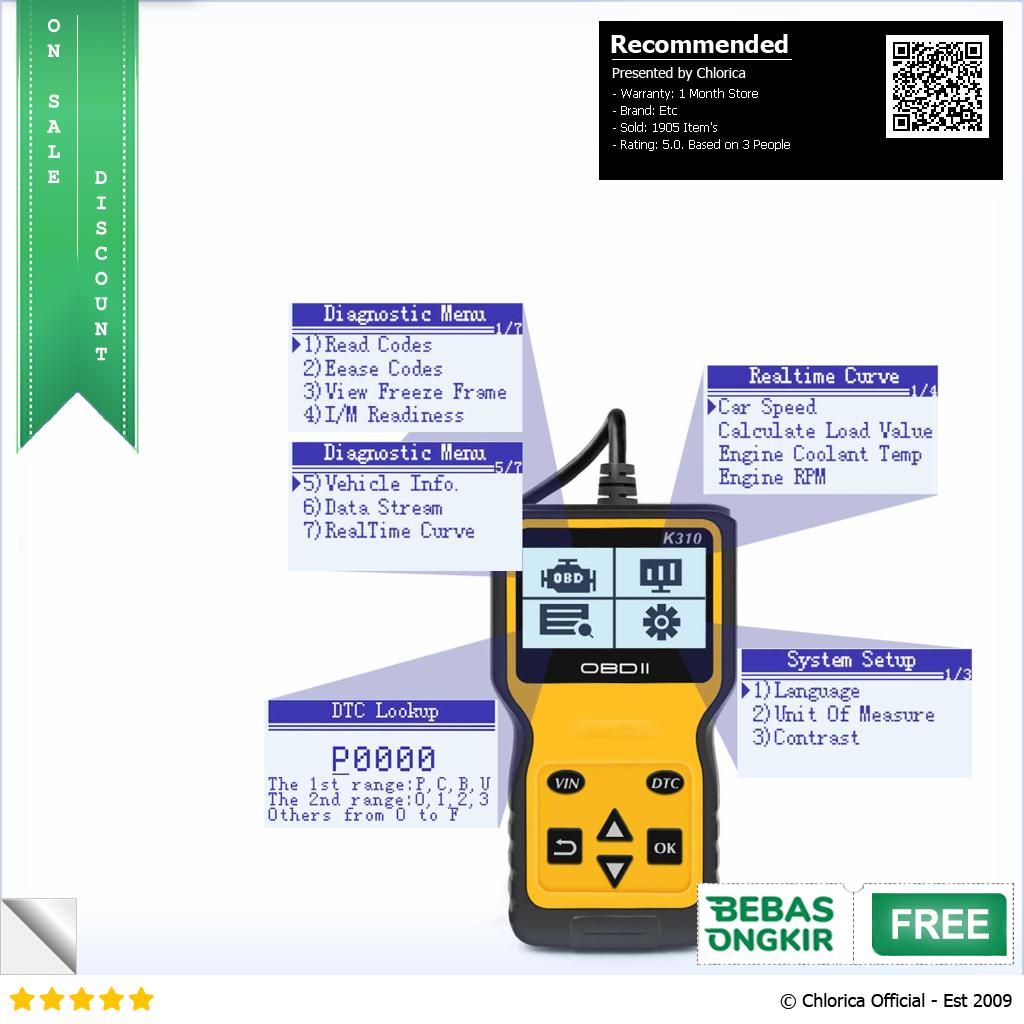 Kingsuda Alat OBD2 Pembaca Kode Diagnostik Mobil Otomotif K310