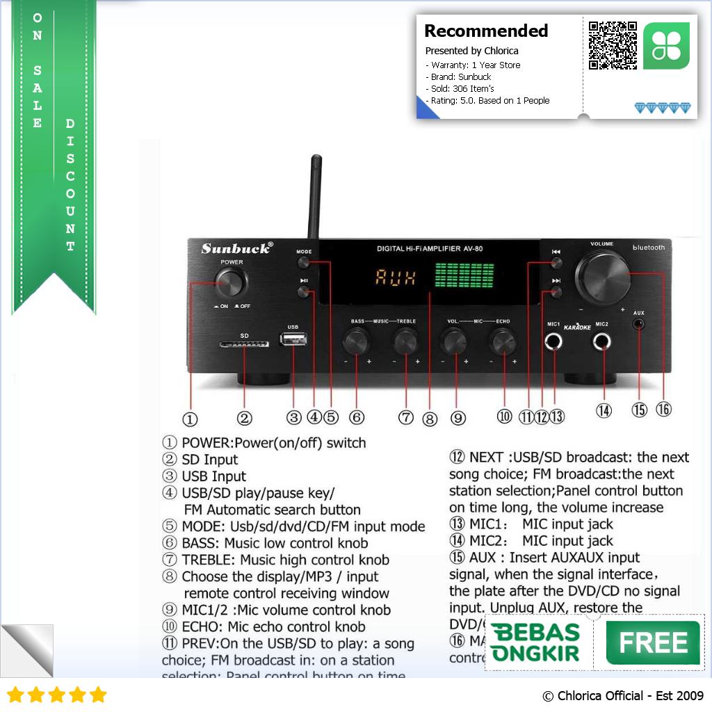 Sunbuck Audio Amplifier Bluetooth EQ Karaoke FM Radio 200W AV 80