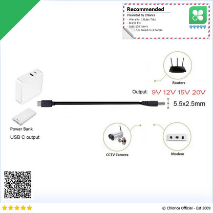 OOTDTY Kabel Power USB Type C to DC 5.5x2.5mm PD Charger Router CCTV PA12M