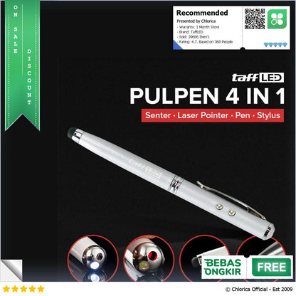 TaffLED Pulpen 4 in 1 Senter Laser Pointer Pen dan Stylus Tinta Hitam T0054