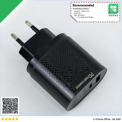 USLION Charger USB Type C USB A PD QC 3.0 20 W 2 Port BK 384