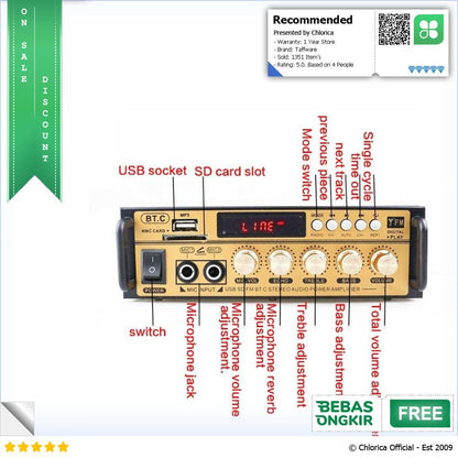 Taffware Audio Bluetooth Amplifier HiFi 300Wx2 Remote Control BT 198E