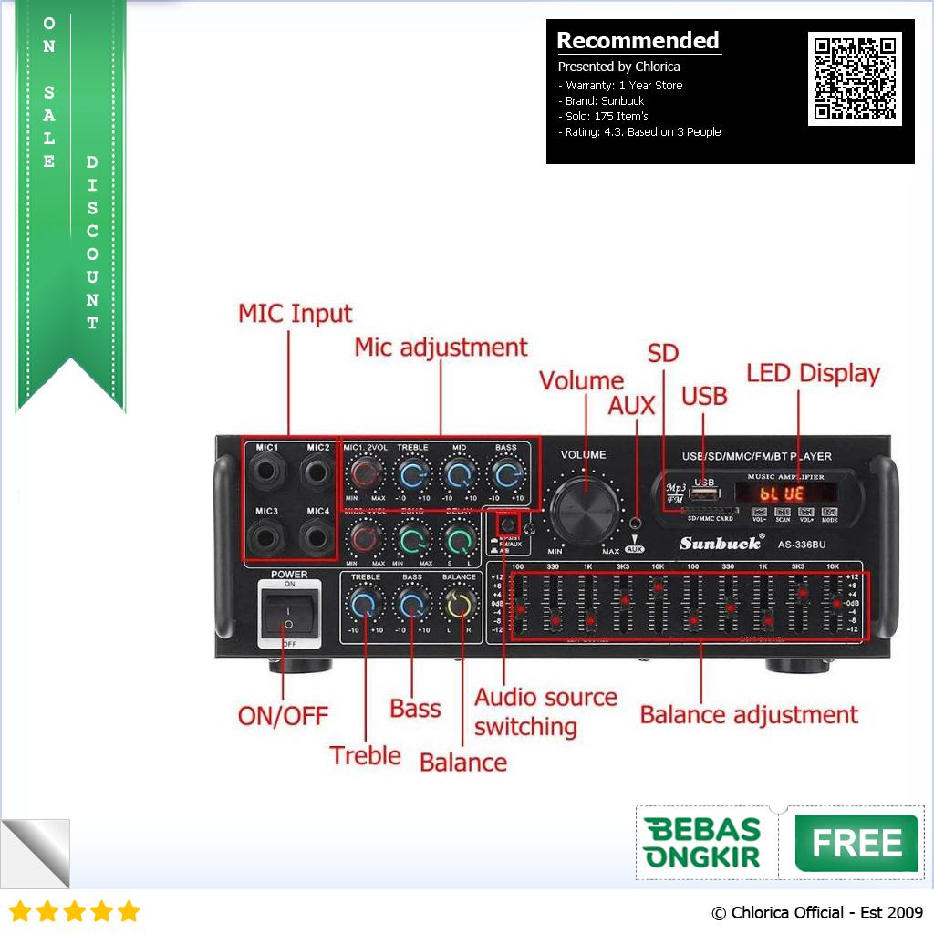 Sunbuck Audio Amplifier Bluetooth EQ Karaoke FM Radio 2000W AS 336BU