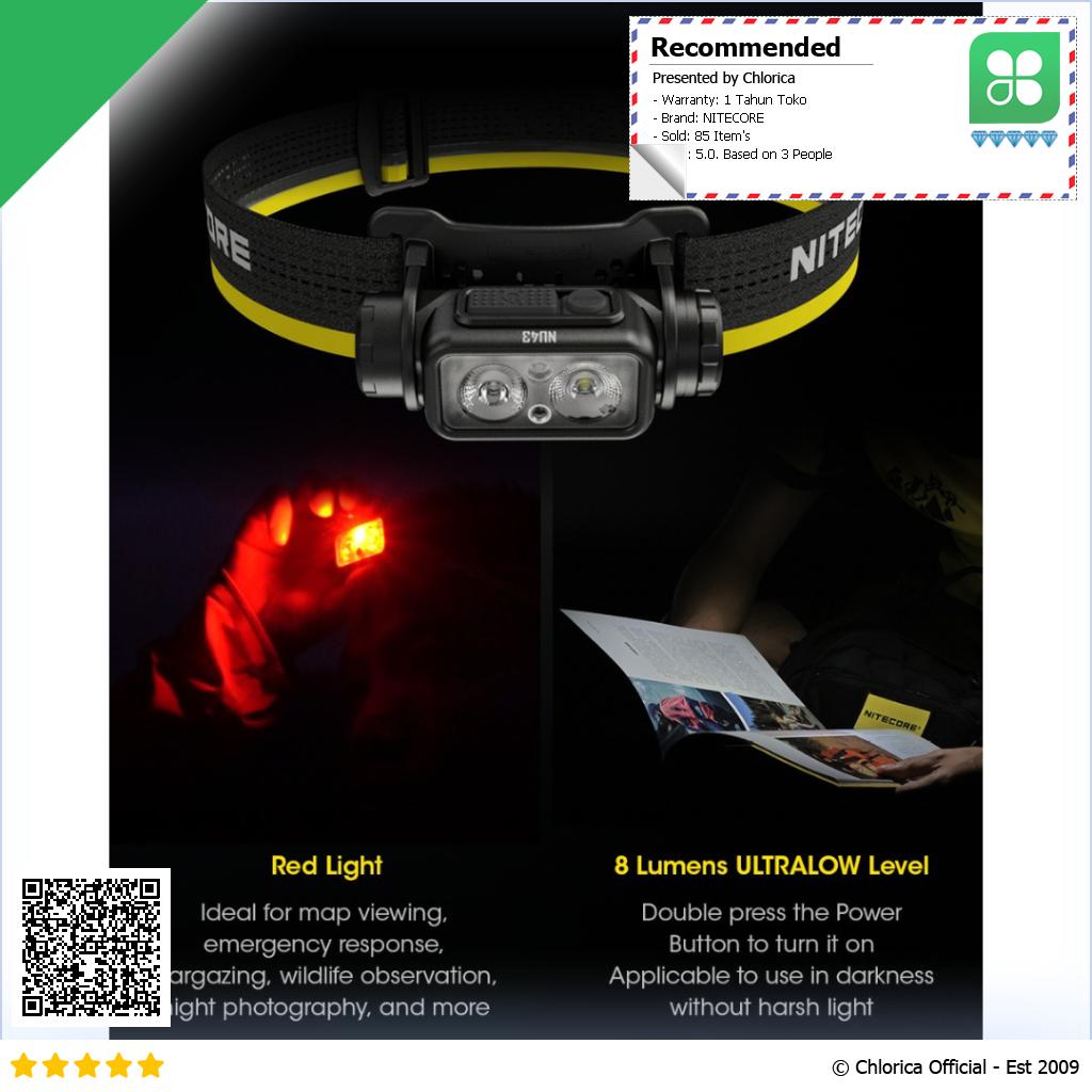 NITECORE Headlamp LED Senter Kepala Lightweight IP68 1400lm 3400mAh NU43