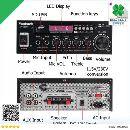 Sunbuck Audio Bluetooth 5.0 DAC Amplifier 2 Ch Remote 2000W AV 660BT