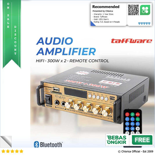 Taffware Audio Bluetooth Amplifier HiFi 300Wx2 Remote Control BT 198E