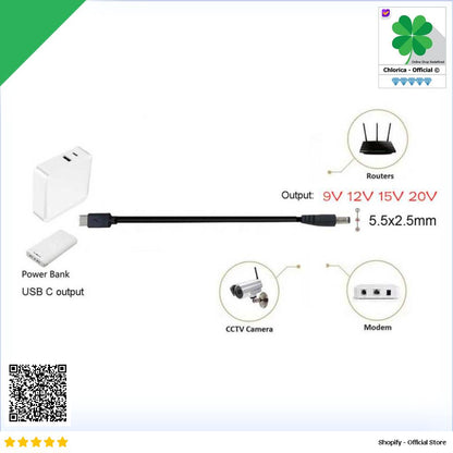 OOTDTY Kabel Power USB Type C to DC 5.5x2.5mm PD Charger Router CCTV PA12M