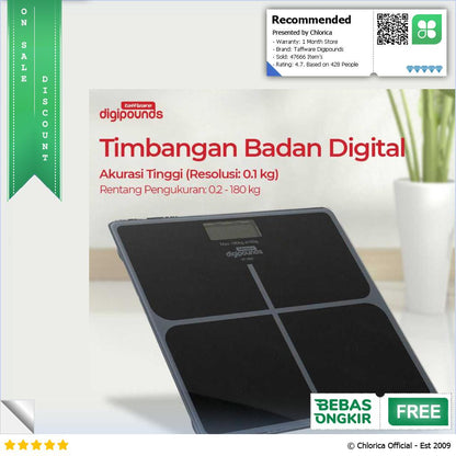 Taffware Digipounds Timbangan Badan Digital Kaca Akurat 180kg BT 986