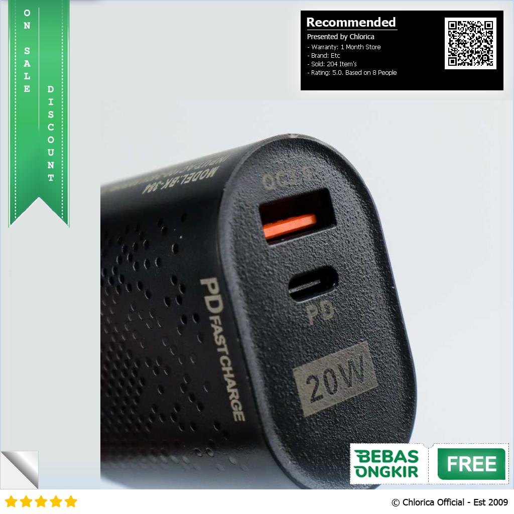 USLION Charger USB Type C USB A PD QC 3.0 20 W 2 Port BK 384