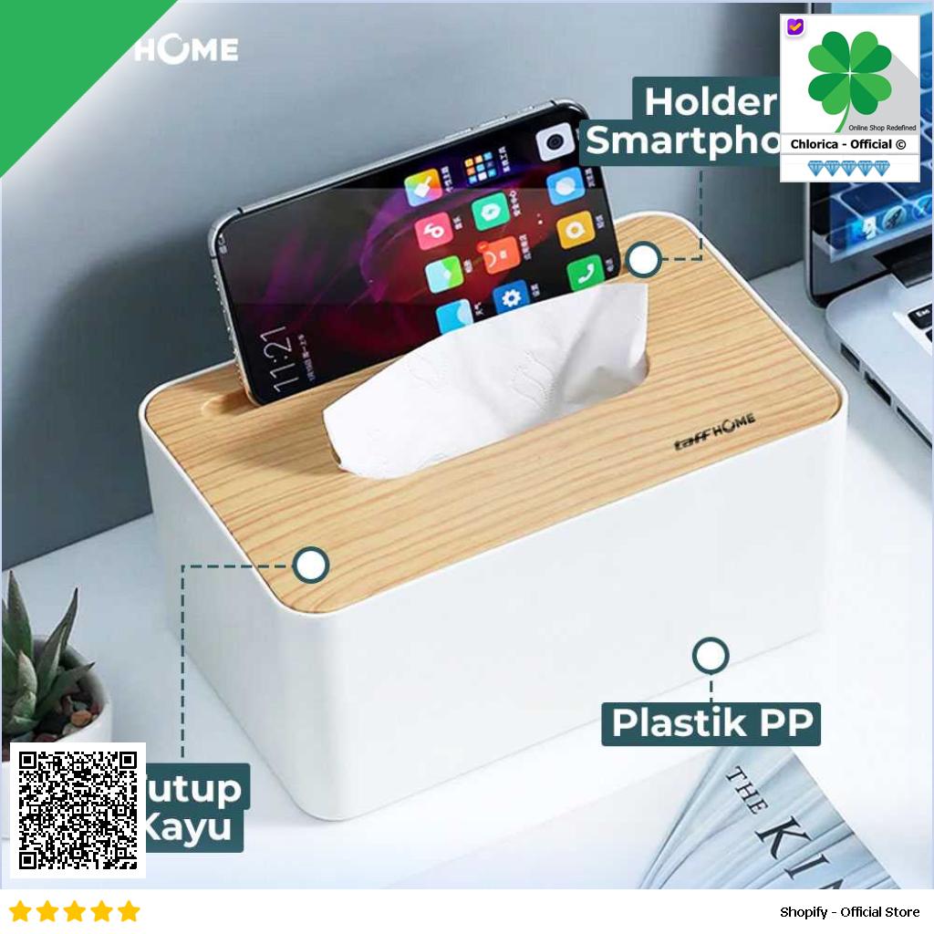 TaffHOME Kotak Tisu Kayu Tissue Box dengan Holder Smartphone ZJ008