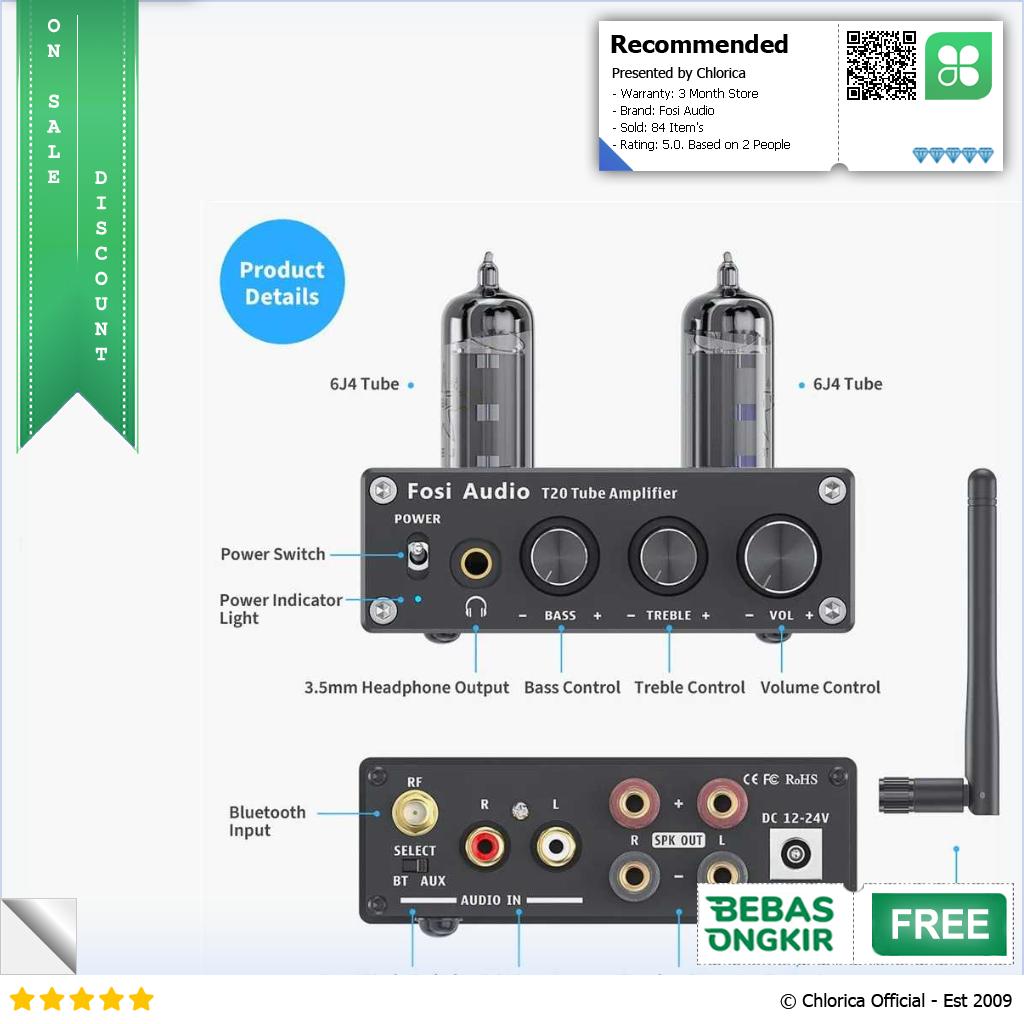 Fosi Audio Amplifier Bluetooth Tube Stereo 2x50W Bluetooth 5.0 T20