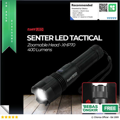 TaffLED Senter LED Tactical Flashlight Zoomable Head XHP70 400 Lumens P7