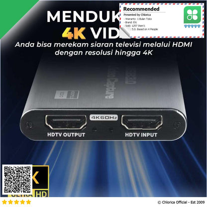 ALLOYSEED HDMI Video Capture Card Adapter Record Box USB3.0 4K HDTV RU900