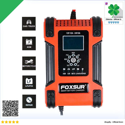 FOXSUR Charger Aki Kendaraan 150W 12 24V 12A 200Ah with LCD FBC122412D