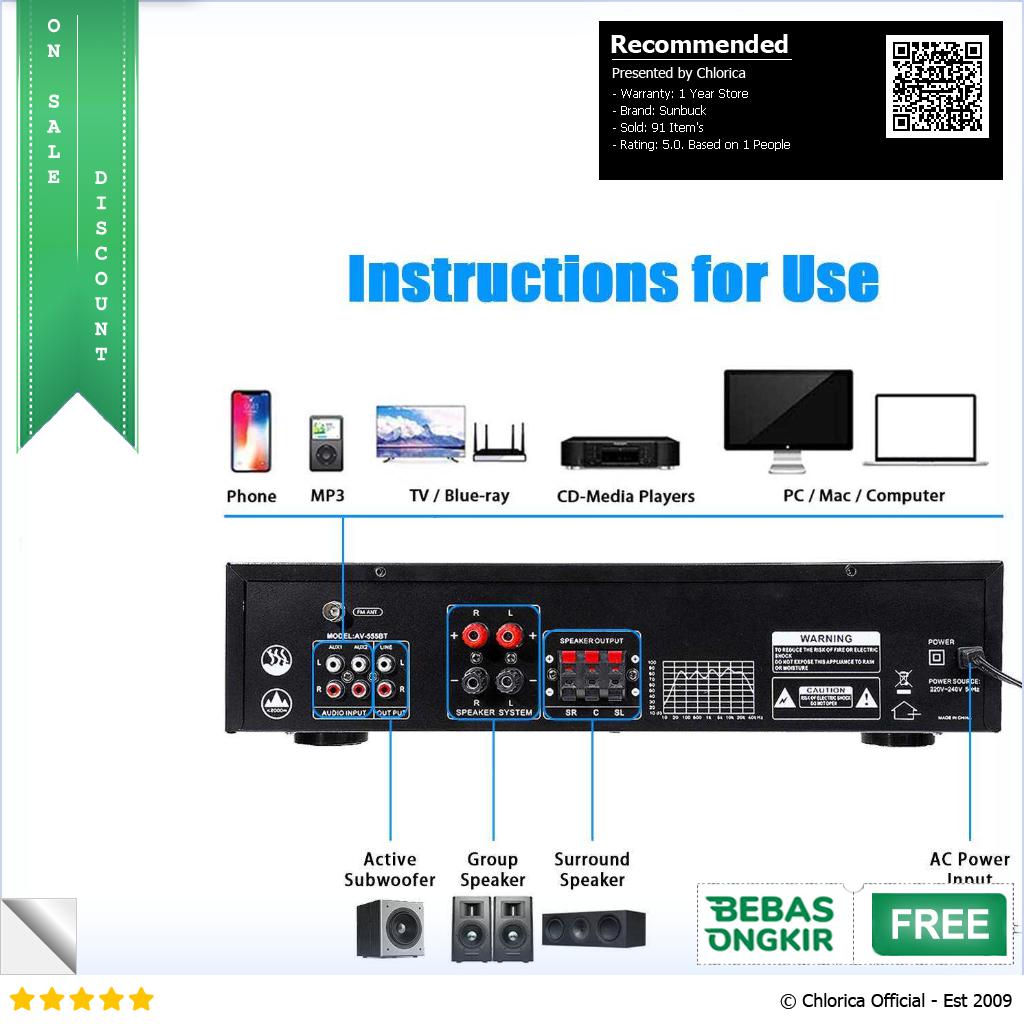 Sunbuck Audio Amplifier Bluetooth 5.0 Microphone HiFi USB MP3 Player AV 555BT