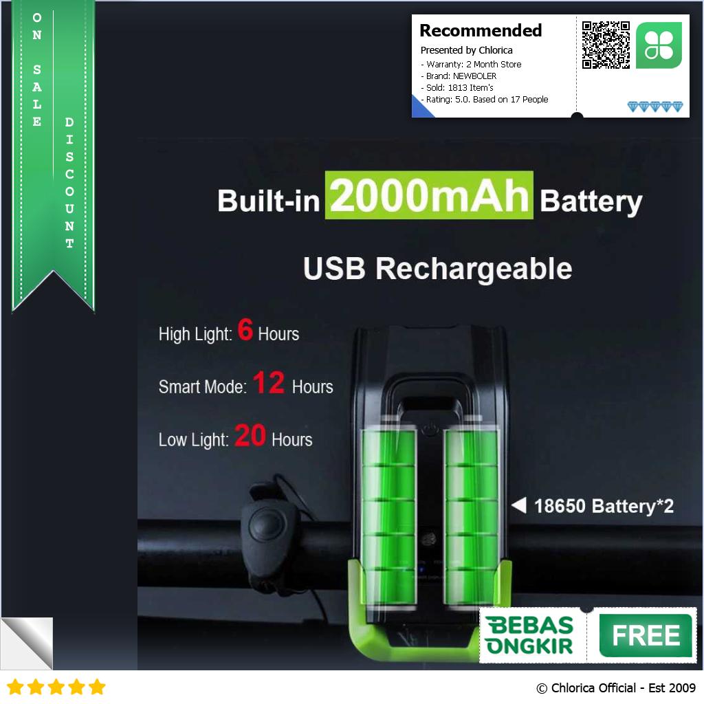 NEWBOLER Lampu Depan Sepeda Klakson Rechargeable 2000mAh 800 Lumens BK 1718