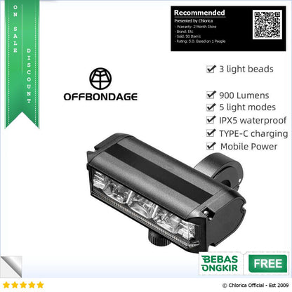 OFFBONDAGE Lampu Depan Sepeda Waterproof Rechargeable 2000mAh 900lm EOS610