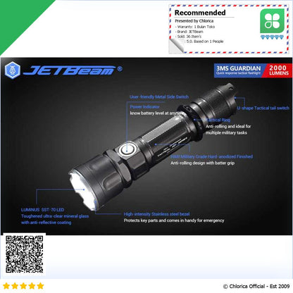 JETBeam Senter LED Flashlight Tactical SST 70 2000 Lumens 3Ms Guardian